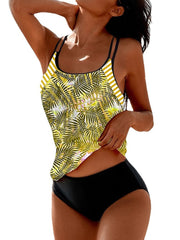 Women's Swimwear Tankini 2 Piece Normal Swimsuit 2 Piece Printing Leaf Yellow Pink Blue Tank Top Bathing Suits Sports Beach Wear Summer