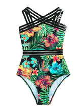 Tropical Plants Print Striped Mesh Slimming One Piece Women Hawaii Swimsuit