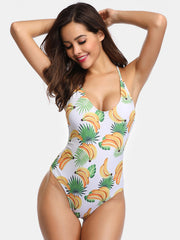 Women Banana Print Criss-Cross Spaghetti Straps One Piece Beach Swimwear
