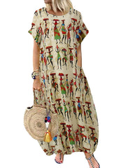 Women Ethnic Style Figure Print Round Neck Short Sleeve Loose Baggy Maxi Dresses