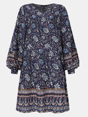 Bohemian Women Floral Print V-neck Puff Sleeve ButtonCuffs Casual Mini Dress