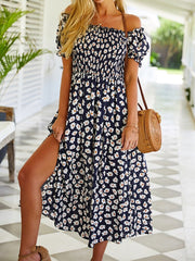 Floral Print Short Sleeve Slit Hem Dress For Women