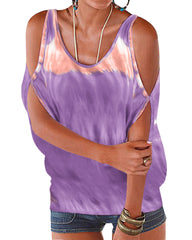 Women Casual Cold Shoulder Crew Neck Tie-dye Print Loose Shirts
