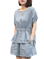Leisure Solid Pocket Ruched High-Low Hem Elastic Waist Cotton Suit