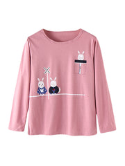 Women's Cartoon Animal Print Pajama Set with Pockets & Elastic Waist, Long Sleeve