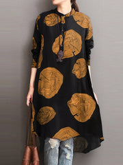 Women Cotton Tree Ring Floral Print Long Sleeve Button Down Casual Shirts Dress