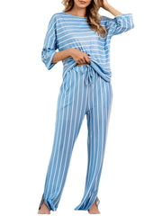 Women's Striped Pajama Set: Round Neck Top & Pocket Pants