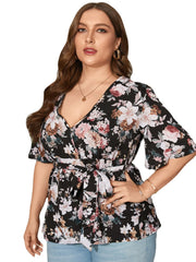 Plus Size Floral Print V-neck Short Sleeve Holiday Casual Blouse