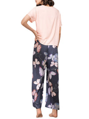 Women's Tropical Floral Pajama Set - Short Sleeve Top & Wide Leg Pants