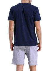 Men Solid Color Short Sleeve Crew Neck Blouse Pocket Shorts Home Sleepwear Two Pieces