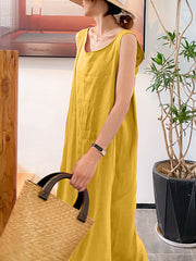 Solid Pocket Drawstring Sleeveless Cotton Casual Maxi Dress