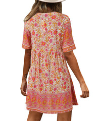 Bohemian Floral Print V-neck Short Sleeve Mini Dress