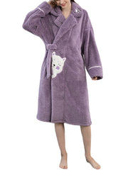 Women's Warm Plush Cat Pattern Sleepwear Robe with Pocket