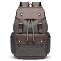 Men Washed Canvas Casual Backpack Large Capacity Drawstring Cover Backpack Laptop Bag