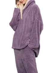Women's Fluffy Plush Lapel Pajama Set - Warm High-Low Hem Loungewear