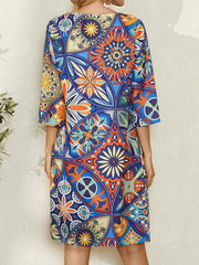 Women V-Neck Ethnic Print 3/4 Sleeve Vintage Mini Dress With Pocket