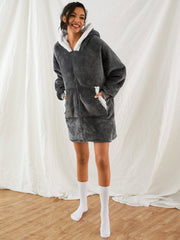 Women's Plush Oversized Blanket Hoodie with Zipper & Kangaroo Pocket - Warm Sleepwear Robe