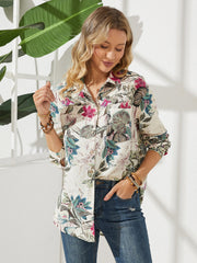 Leaves Print Pocket Lapel Long Sleeve Button Down Shirt