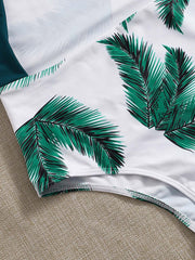 Leaf Print Knotted Spaghetti Adjustable Straps One Piece Summer Beach Swimwear