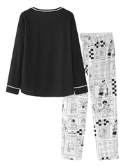 Women's Anime Print Black Pajama Set - Pullover & Elastic Waist Pants