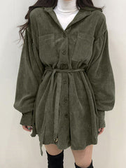 Corduroy Solid Belt Button Drop Shoulder Long Sleeve Dress