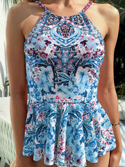 Women Floral Print Ruffle Trim Knotted Back Hollow Holiday Bikinis Swimsuits