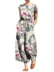 Plant Print Pocket Sash Round Neck Short Sleeve Cotton Jumpsuit
