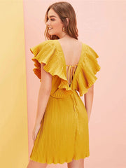 Solid Color V-neck Backless Pleated Casual Dress