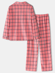 Women's Plaid Revere Collar Shirt & Elastic Waist Pants Pajama Set