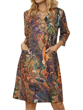 Women Multi-Color Vintage Print 3/4 Sleeve V-Neck Dress With Pocket