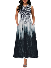 Women's Sleeveless Floral Crew Neck Casual Loose Fit Long Dress With Pocket