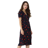 Vintage Casual V-neck A-line Midi Wrap Dress With Floral Pattern