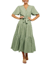 Women Polka Dot V-Neck Short Sleeve Casual Dresses With Belt