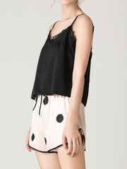 Women's Black Lace V-Neck Pajama Set - Sleeveless Vest & Polka Dot Shorts