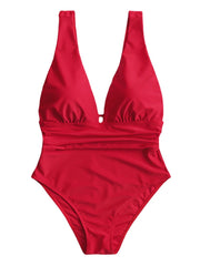 Women Monokini Plunge Wide Straps Ruffled Waist One Piece