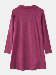 Women Solid Color Button Cowl Neck Split Hem Casual Long Sleeve Mini Dress