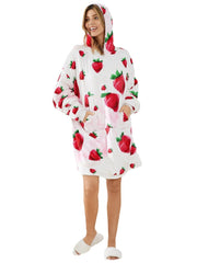 Women Cute Strawberry Print Thicken Blanket Hoodie Oversized Robes With Kangaroo Pocket