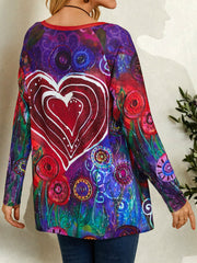 Women Graffiti Heart Floral Print Round Neck Casual Long Sleeve T-Shirt