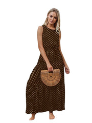 Women's Sleeveless Polka Dot Ruched Crew Neck Stylish Swing Boho Dress