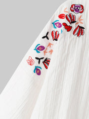 Women Floral Embroidery O-neck Irregular Hem Casual Loose T-shirts