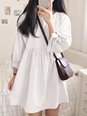 Women Solid Color Pleating Knotted 3/4 Sleeve O-Neck Casual Daily Loose Mini Dress