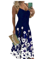 Women's Sleeveless Floral Print Deep U Vacation Strap Long Dress