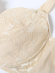 Plus Size Lace Jacquard Gather Full Coverage Push Up Bra,Milk Yellow