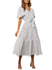 Women Polka Dot V-Neck Short Sleeve Casual Dresses With Belt