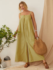 Solid Color Straps Pleated Daily Casual Jumpsuit For Women