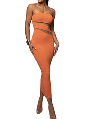 Women's Party Dress Bodycon Sexy Dress Midi Dress Black Orange Brown Sleeveless Pure Color Cut Out Summer Spring Fall Strapless Fashion Wedding Guest Vacation Summer Dress