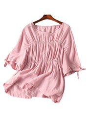 Leisure Solid Tie-Up At Cuff Ruched Round Neck Cotton Blouse