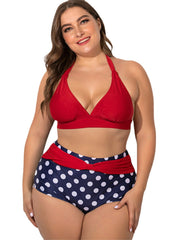 Plus Size Halter Lace-up High Waist Polka Dot Bottoms Bikini