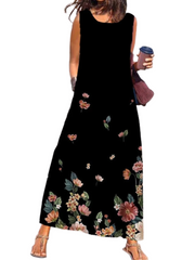 Women's Sleeveless Floral Pocket Crew Neck Vacation Weekend Casual Dress