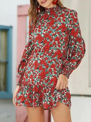 Floral Print Shirred Lantern Long Sleeve Dress For Women